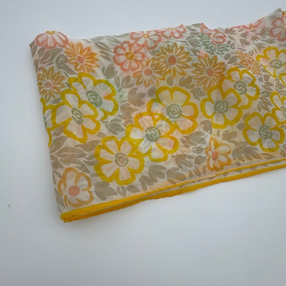 Vintage 60s Glentex Sheer Floral Scarf Hand Rolled Yellow Peach Sage Oblong Wrap - Picture 8 of 8